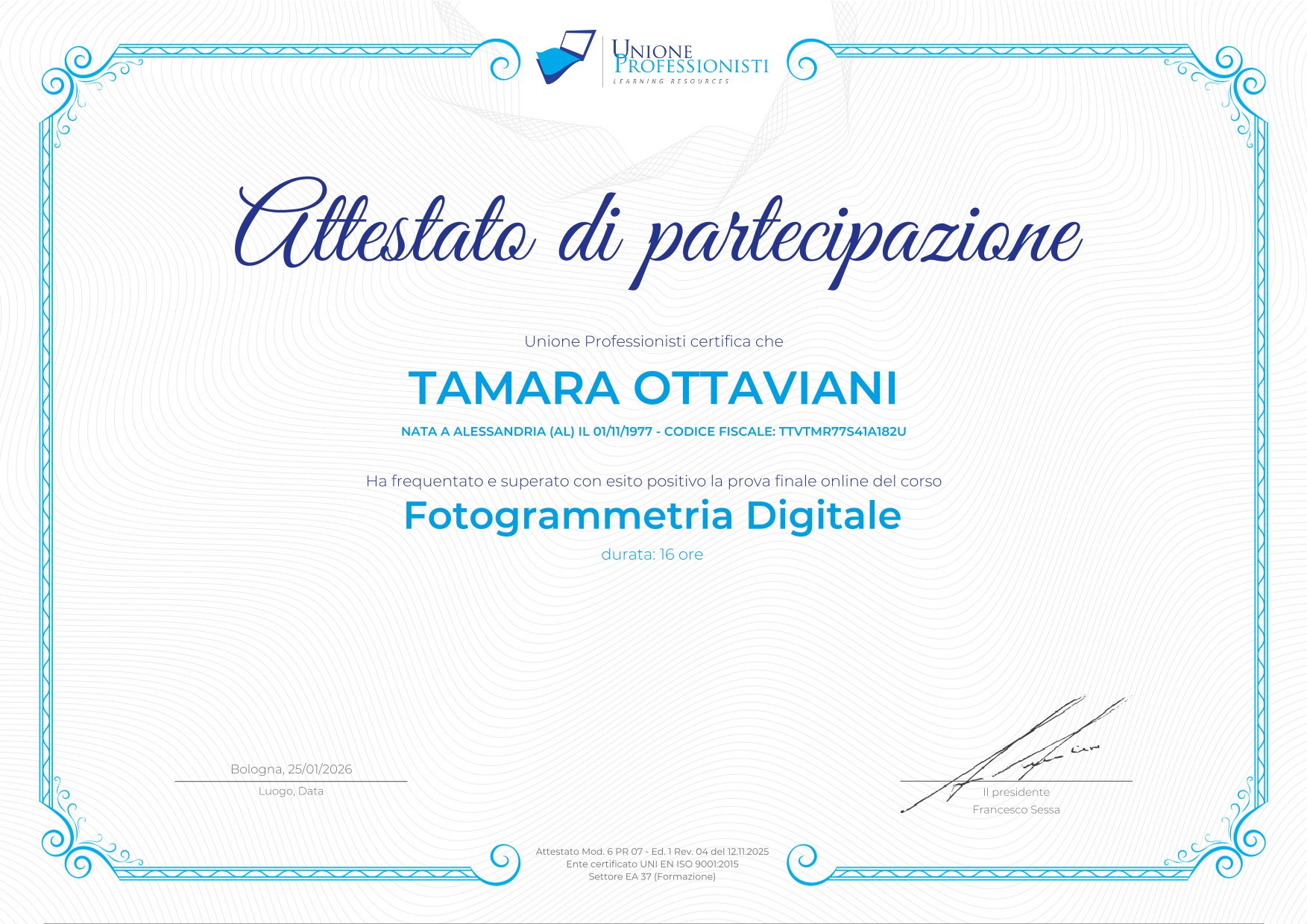 Anteprima Attestato Fotogrammetria Digitale